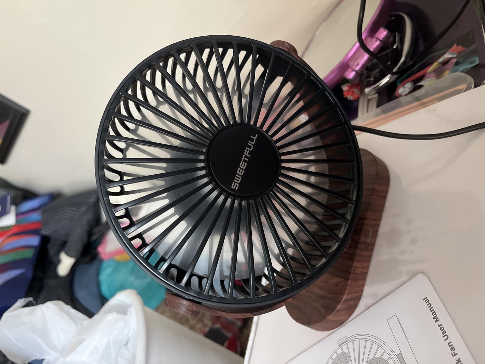SWEETFULL 6.5 Inch USB Small Desk Fan, 3 Speeds Quiet Portable Desktop Table Fan, 360° Adjustment Personal Mini Fan for Home Office Car Outdoor Travel (Black wood grain) customer photo 1