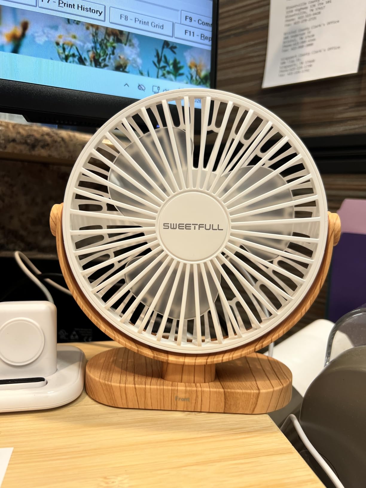 SWEETFULL 6.5 Inch USB Small Desk Fan, 3 Speeds Quiet Portable Desktop Table Fan, 360° Adjustment Personal Mini Fan for Home Office Car Outdoor Travel (Black wood grain) customer photo 2