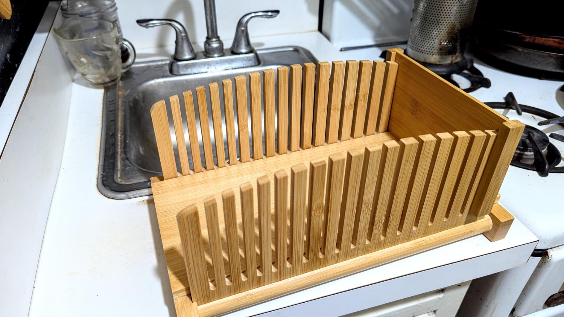 Premium Bamboo Bread Slicer for Homemade Bread, Crumb Catcher, Foldable and Compact Loaf Cutter 3 Size Slicing Guide customer photo 1