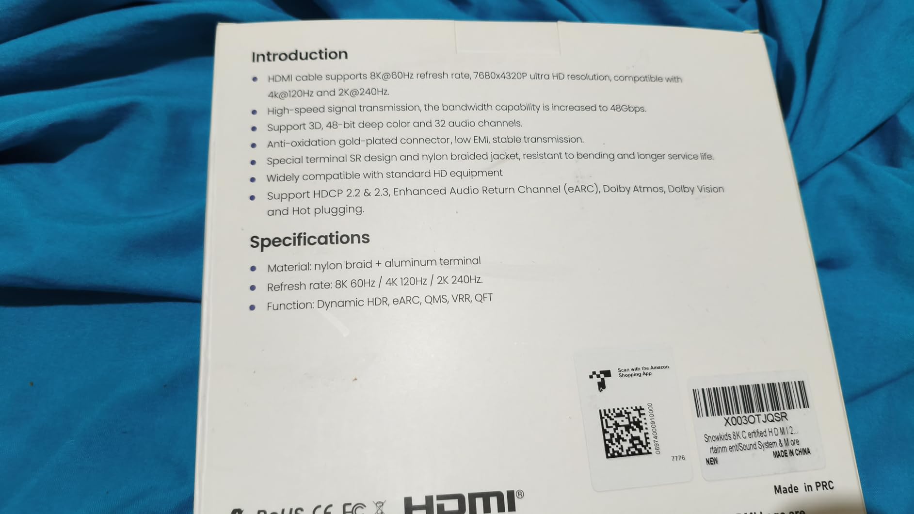 Snowkids 8K Long HDMI Cable 30 ft, Non-Slip Nylon Braided, 48Gbps Ultra High-Speed HDMI Cables Cord, 10K 8K@60Hz, 4K@120Hz Compatible for TV/PS-5/X-box/Projector/Sound System & More customer photo 1