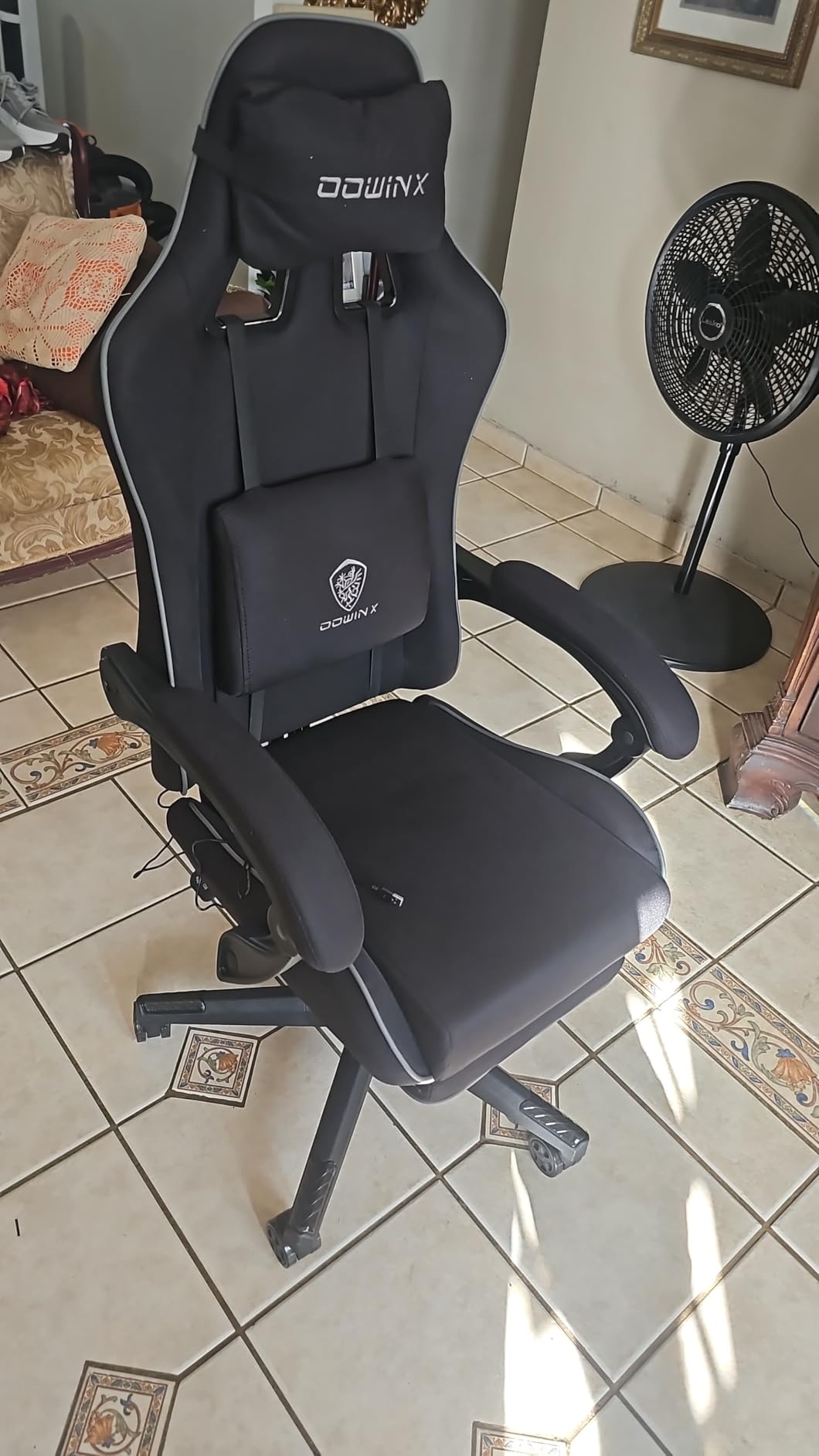 Dowinx Gaming Chair Fabric with Pocket Spring Cushion, Massage Game Chair Cloth with Headrest, Ergonomic Computer Chair with Footrest 290LBS, Black and Grey customer photo 2