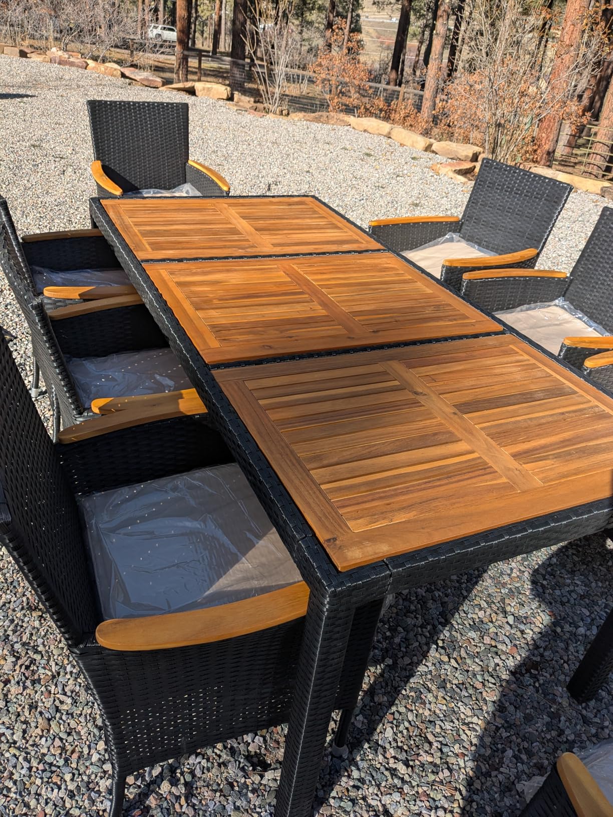 Devoko Dining 7 PCS Furniture, Patio Conversation Set with Acacia Wood Table Top, Outdoor, Beige Cushion and Black Rattan customer photo 1