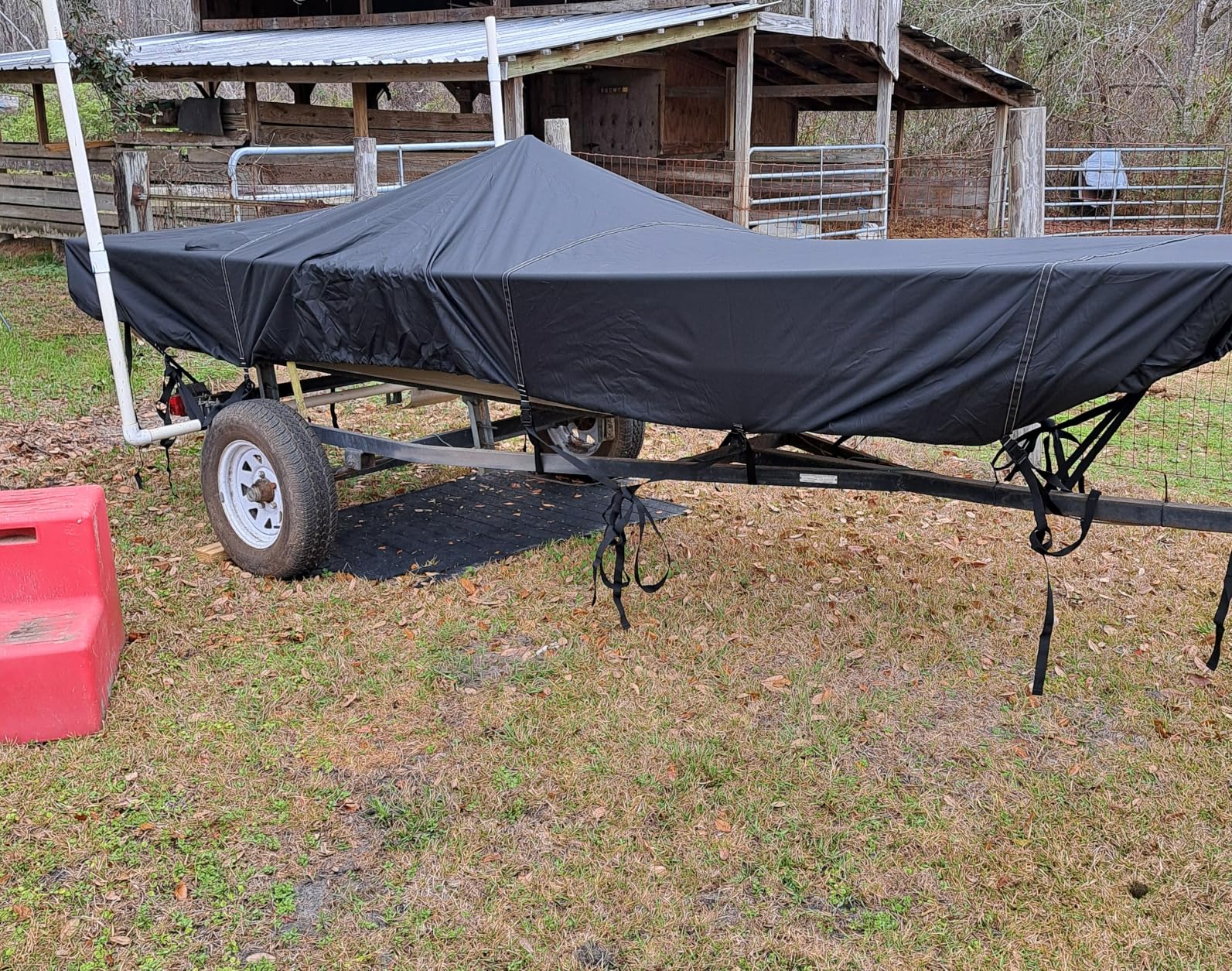 Heavy Duty 5 Layers 1200D Jon Boat Cover 12ft - 14 ft with Motor Cover, 100% Waterproof Trailerable Jon Boat Covers 12-14 Foot with 9+4 Pcs Windproof Straps customer photo 2
