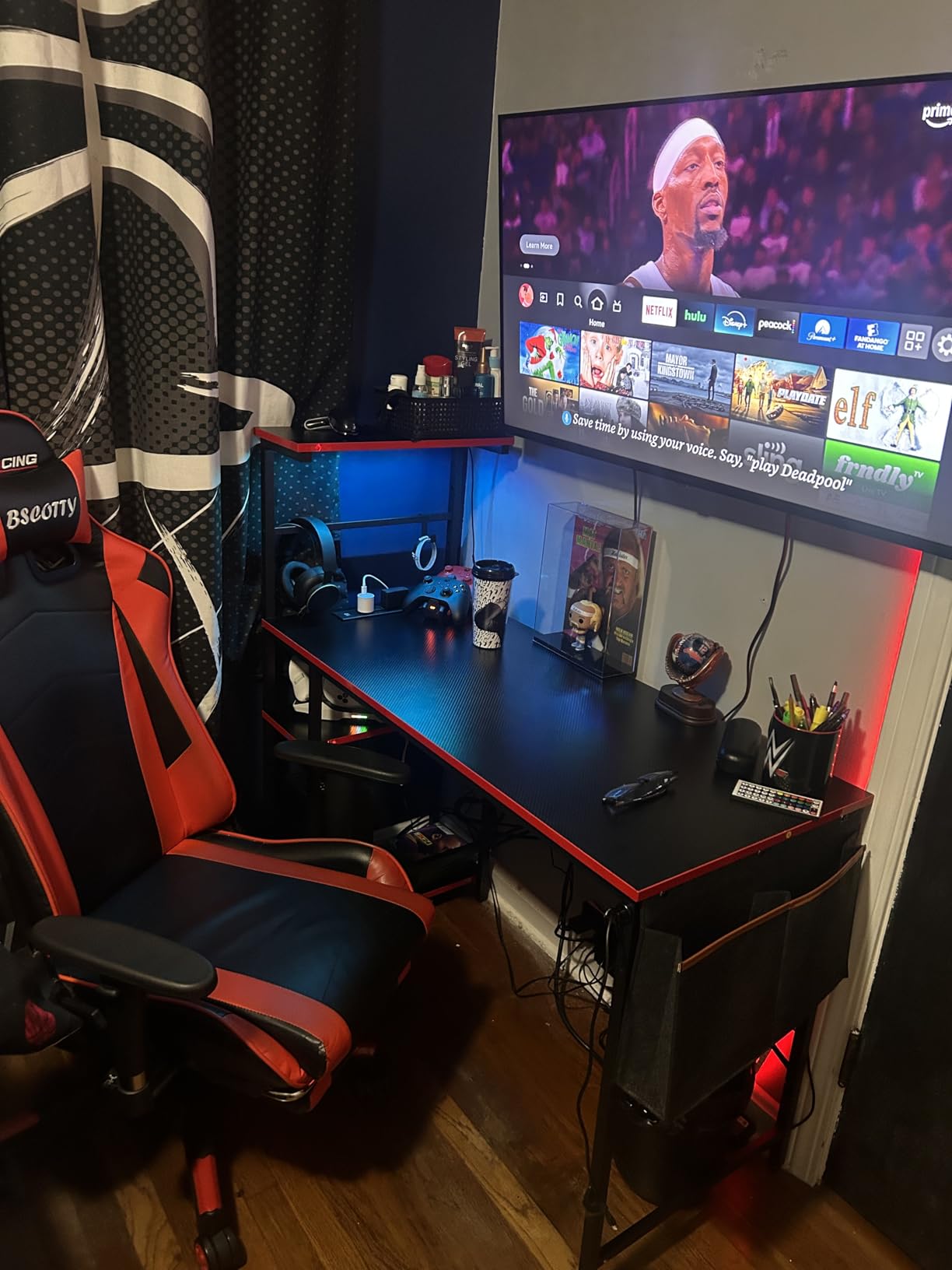 Bestier 61 Inch Gaming Desk with LED Lights, Reversible Shelves, Height Adjustable Shelf, Steel Frame, CARB P2 Class Board, Black 3D Carbon Fiber customer photo 1