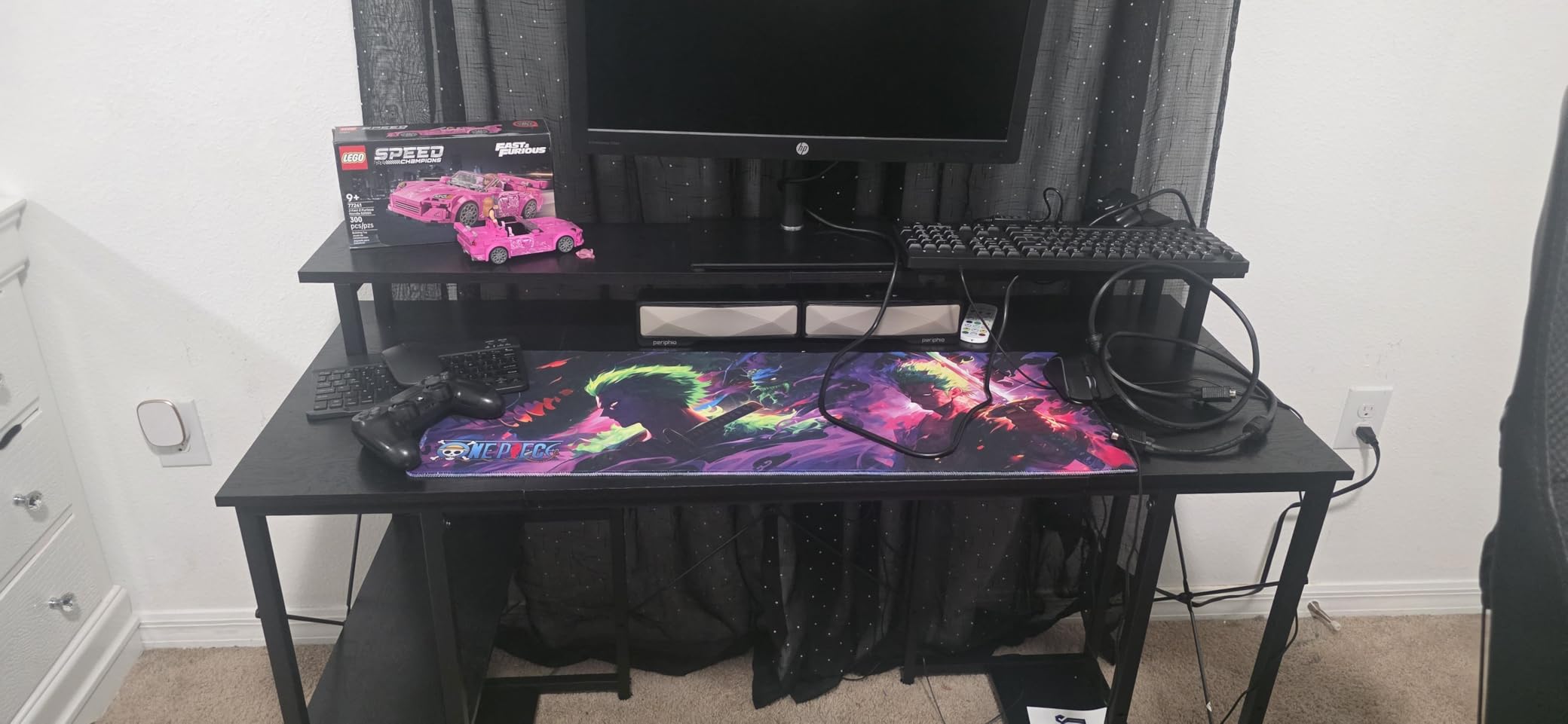 ODK 55 inch Gaming Desk with LED Lights & Power Outlets, Computer Desk with Monitor Stand & Storage Shelves, CPU Stand, Home Office Desk, Black customer photo 1