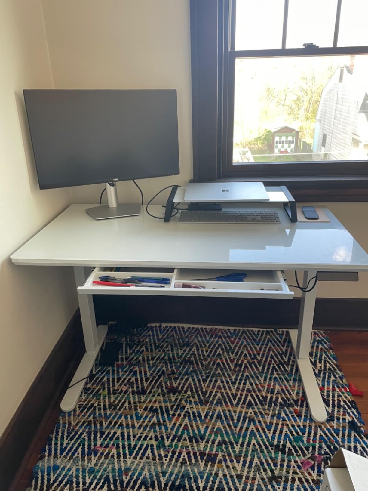 SHW 48x24 Glass Electric Height Adjustable Standing Desk - Motorized Sit Stand Desk with Monitor Riser, Pull-Out Drawer, Memory Presets, Black customer photo 1