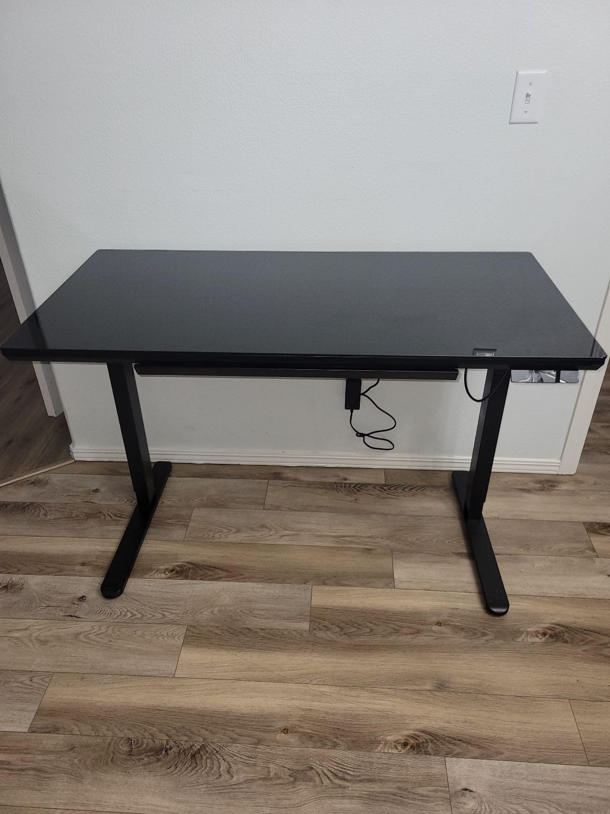 SHW 48x24 Glass Electric Height Adjustable Standing Desk - Motorized Sit Stand Desk with Monitor Riser, Pull-Out Drawer, Memory Presets, Black customer photo 2