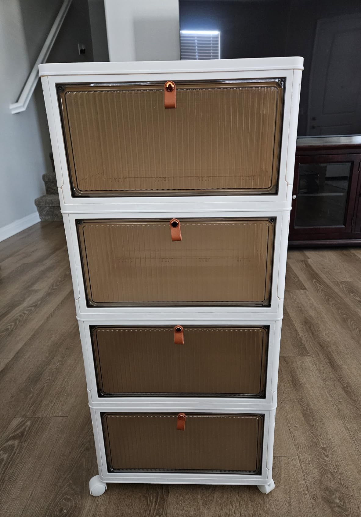 YFXCVSL 4 Tier Plastic Storage Bins with Lid 23QT, Stackable Storage Containers with Wheels, Folding Storage Boxes, Stackable Storage Bins, Organizers and Storage for Living Room, Office, Dorm customer photo 2