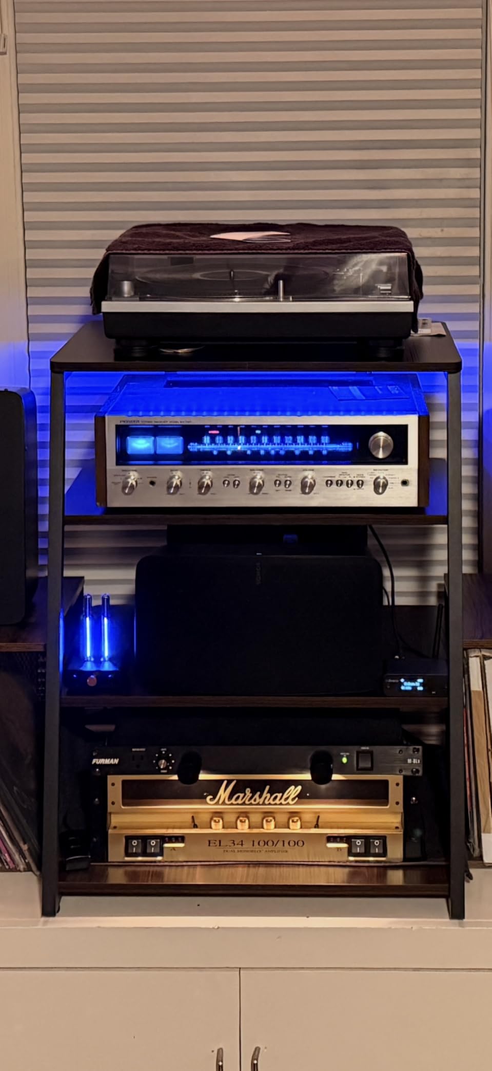 Armocity 4-Tier AV Media Stand with Power Strips, Stereo Stand with LED Lights, Audio Tower Rack with Adjustable Shelves, Small Entertainment Center, 30'', Rustic Brown customer photo 1