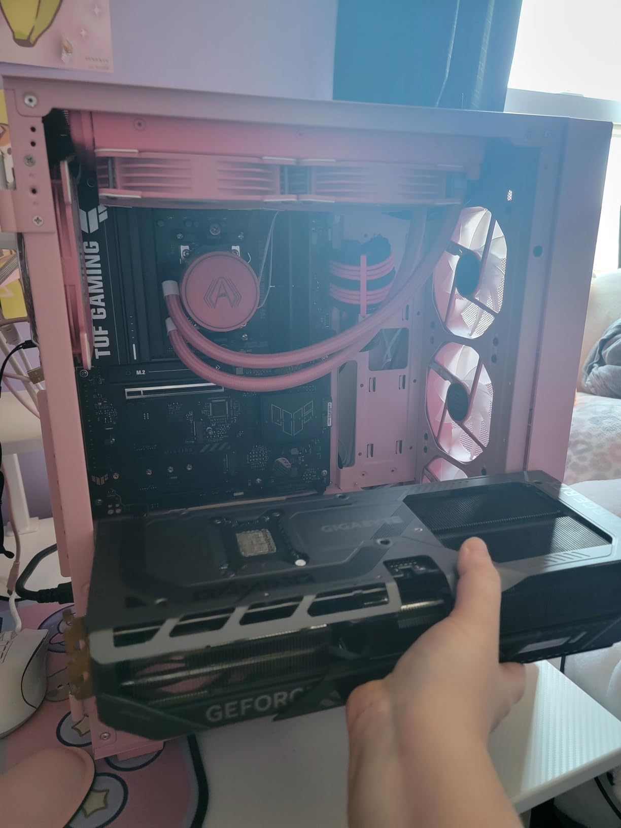 Vetroo AL800 Mid Tower ATX PC Computer Case - Door Opening Design Tempered Glass, Adjustable LED Strip, Pre-Installed ARGB & PWM FDB Fan in Rear, Support for 50 Series GPUs - Pink customer photo 1