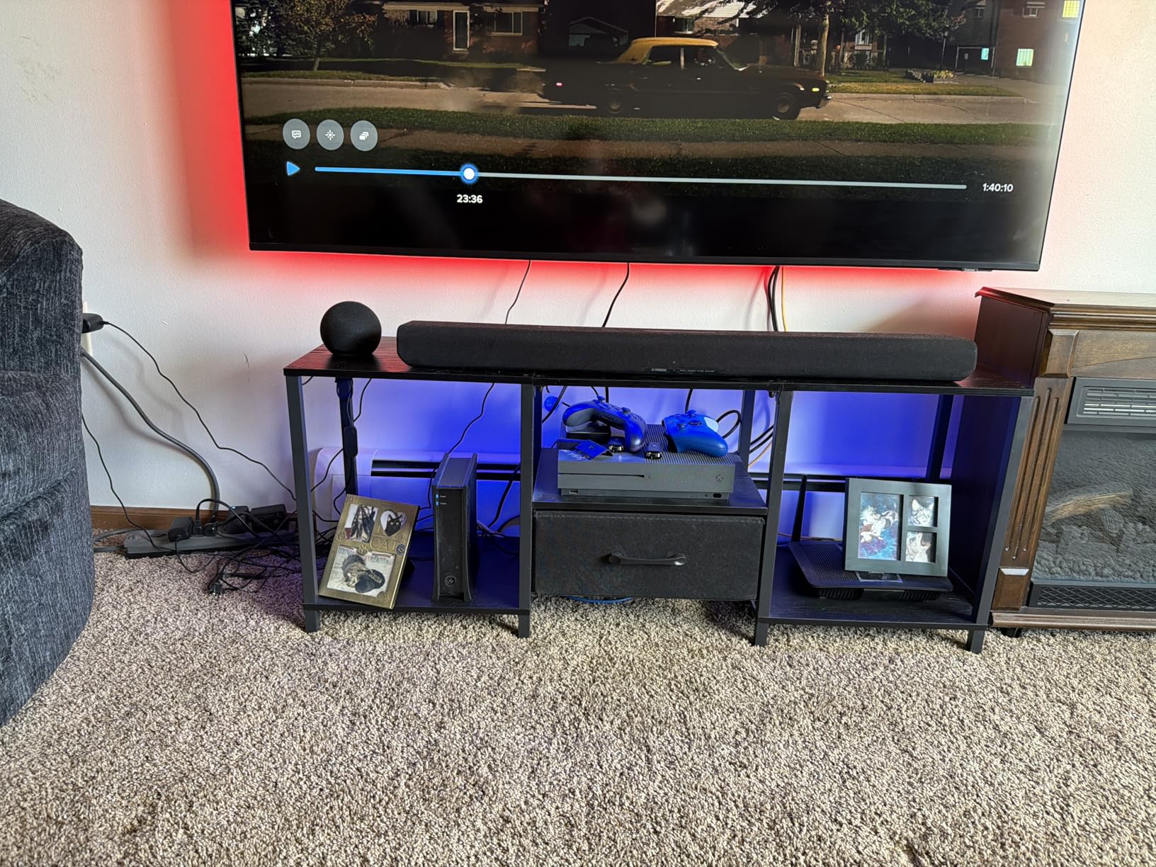 TV Stand with LED Lights, Entertainment Center with Open Shelves and Fabric Drawer, Media Console for 55 Inch TV, Television Stands for Living Room, Bedroom, Black customer photo 1