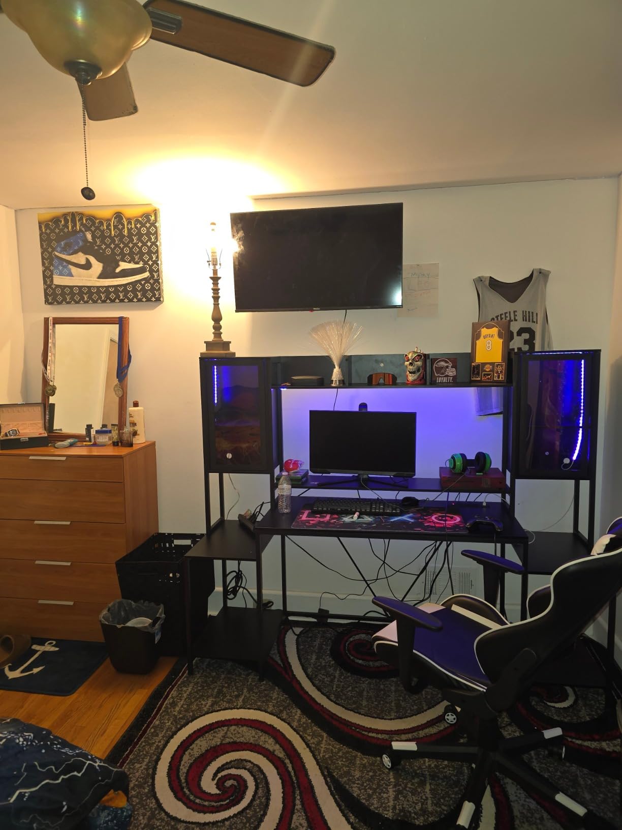 SEDETA Gaming Desk 74.8'' with LED Lights, Hutch and Storage Shelves, Computer Desk with Monitor Stand, Large PC Gamer Desk Workstation, Ergonomic Gaming Table for Bedroom, Living Room, Black customer photo 2