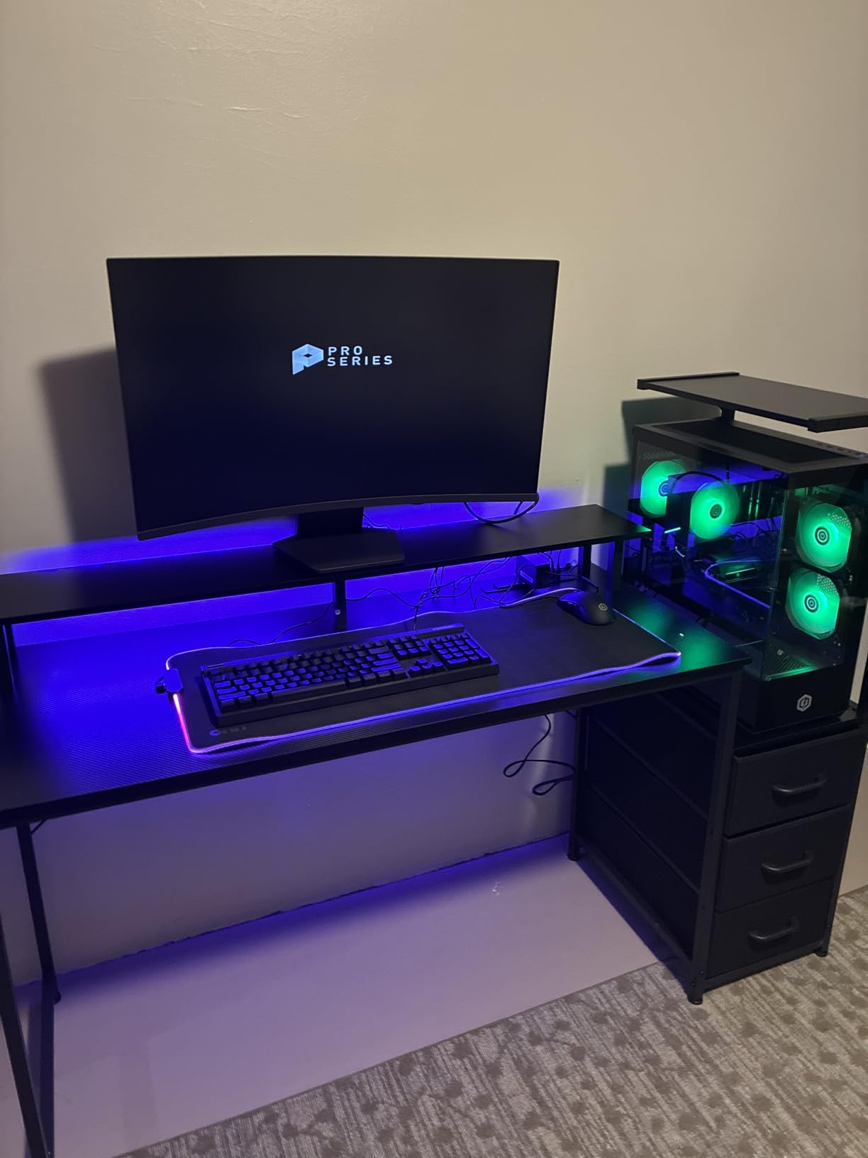 AODK 59 Inch Gaming Desk with LED Light- Reversible Computer Desk with Storage Shelves & Monitor Stand, Modern Gamer Desk Table with Fabric Drawers, Black customer photo 1