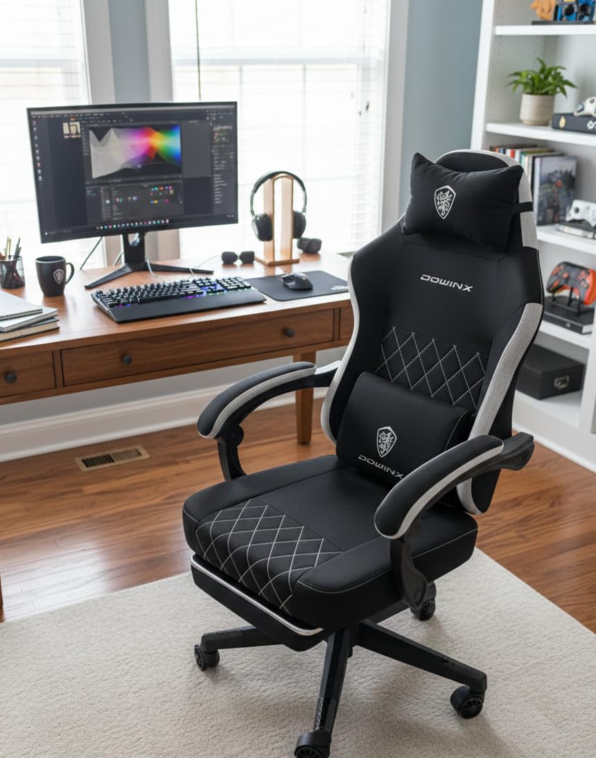 Dowinx Fabric Gaming Chair, Ergonomic Computer Chair with Footrest and Pocket Spring Cushion, Height Adjustable Video Gamer Chair with Lumbar Support for Adults, Black customer photo 2