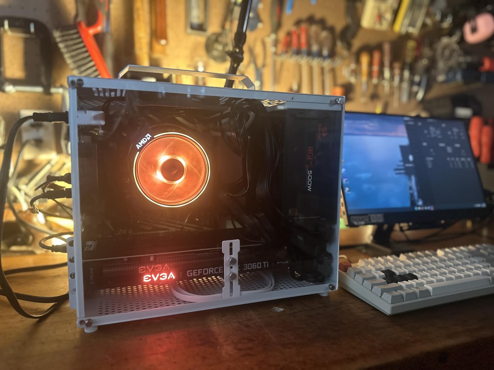 V500 Mini Portable M-ATX/ITX Computer Case, MINI-Tower CASE, Full Side Transparent Acrylic DIY Desktop Case with Handle, Support 320MM GPU Size customer photo 2