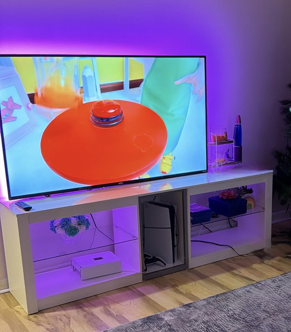 Bestier TV Stand for 70 inch TV, Gaming Entertainment Center for PS5, LED TV Cabinet with Glass Shelves for Living Room, 63'' Inch, Marble Black customer photo 1