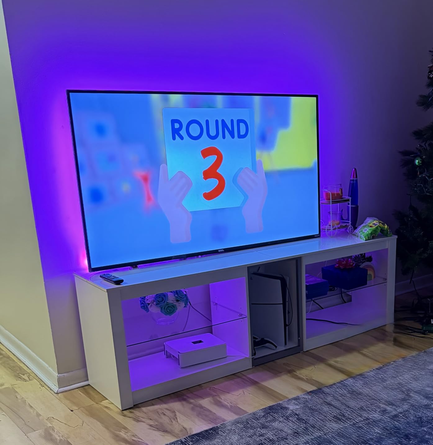 Bestier TV Stand for 70 inch TV, Gaming Entertainment Center for PS5, LED TV Cabinet with Glass Shelves for Living Room, 63'' Inch, Marble Black customer photo 2