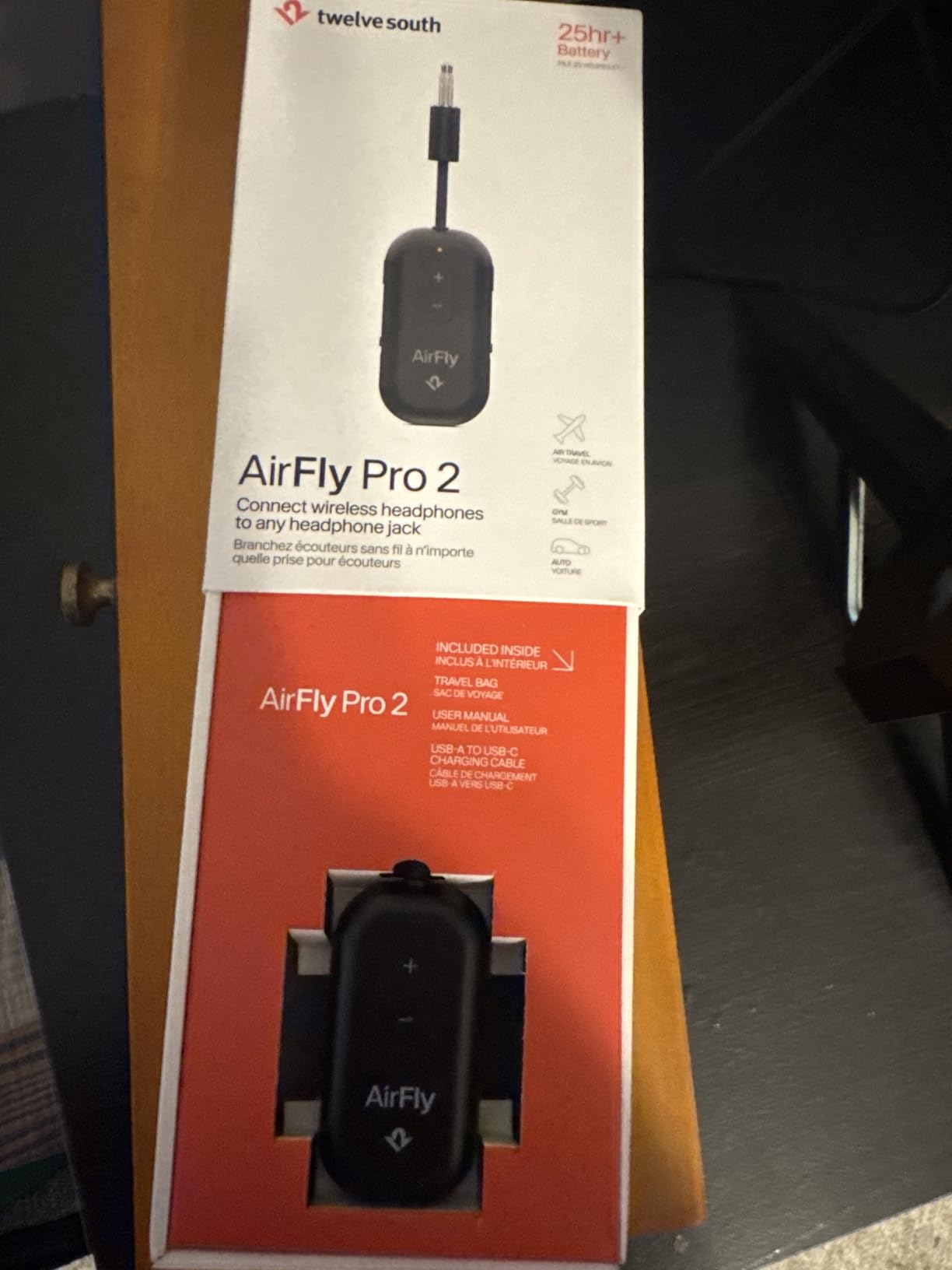 AirFly Pro 2 - Bluetooth Adapter, Pair 2 AirPods or Wireless Headphones - 3.5mm AUX Bluetooth Transmitter and Receiver for Cars, Boats, Treadmills, TVs & More - Travel Essentials,White customer photo 2