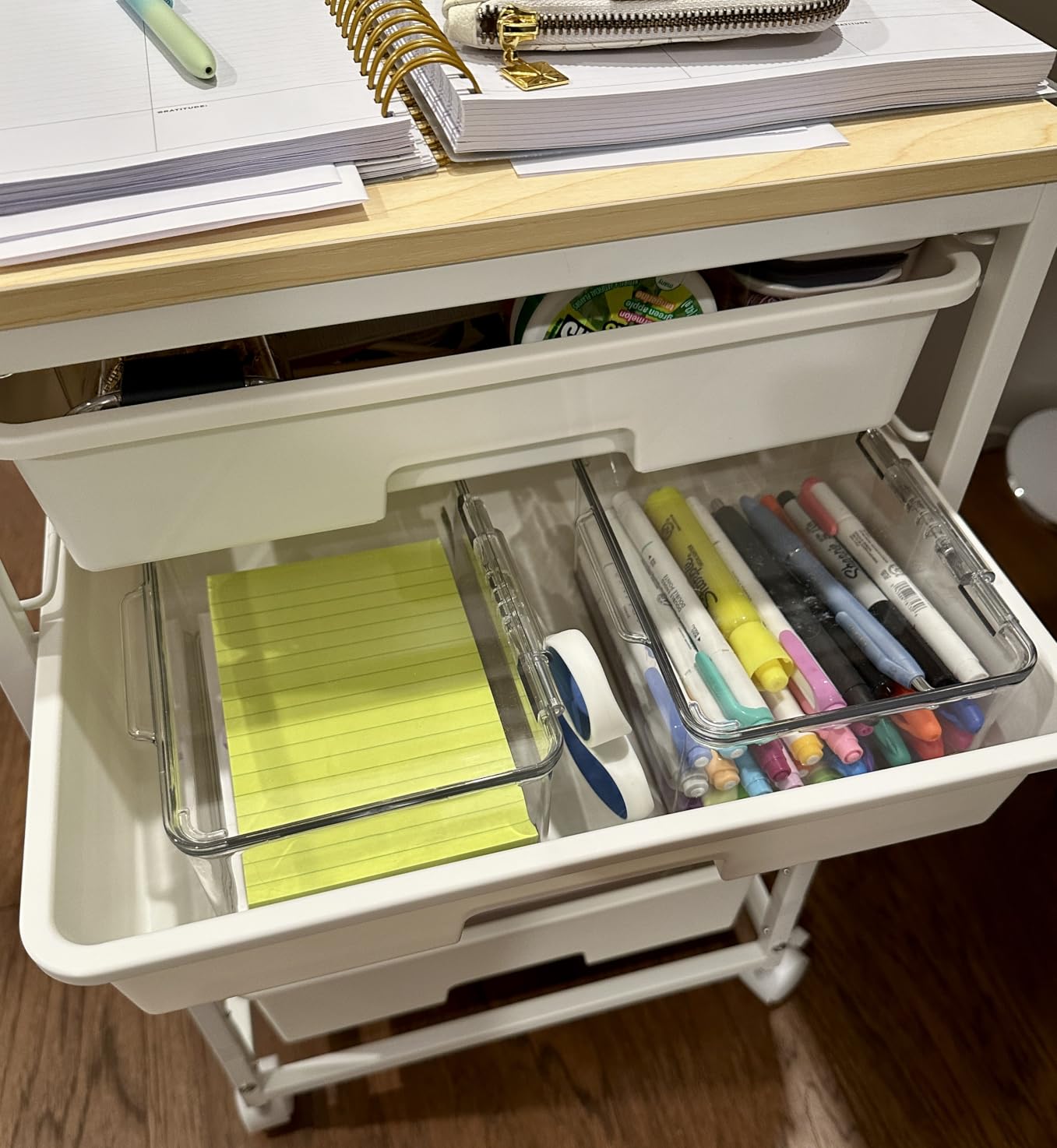 Utility Cart with 5 Drawers,Storage Cart with Wooden Tabletop and Lockable Wheels,Craft Storage Trolley Organizer,5-Tier Rolling Utility on Wheels,Light Green customer photo 1