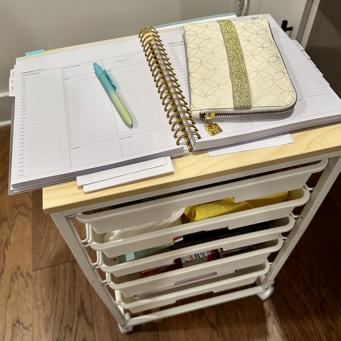 Utility Cart with 5 Drawers,Storage Cart with Wooden Tabletop and Lockable Wheels,Craft Storage Trolley Organizer,5-Tier Rolling Utility on Wheels,Light Green customer photo 2