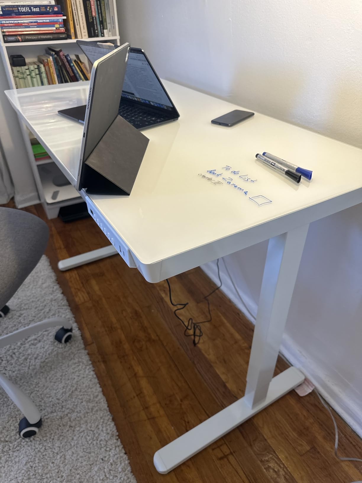 Marsail Glass Standing Desk with Drawer, 48 x 24 inch Electric Standing Desk, Height Adjustable Desk with One-Piece Tabletop & USB Charging Ports, Sit Stand Desk with Storage for Home & Office White customer photo 1