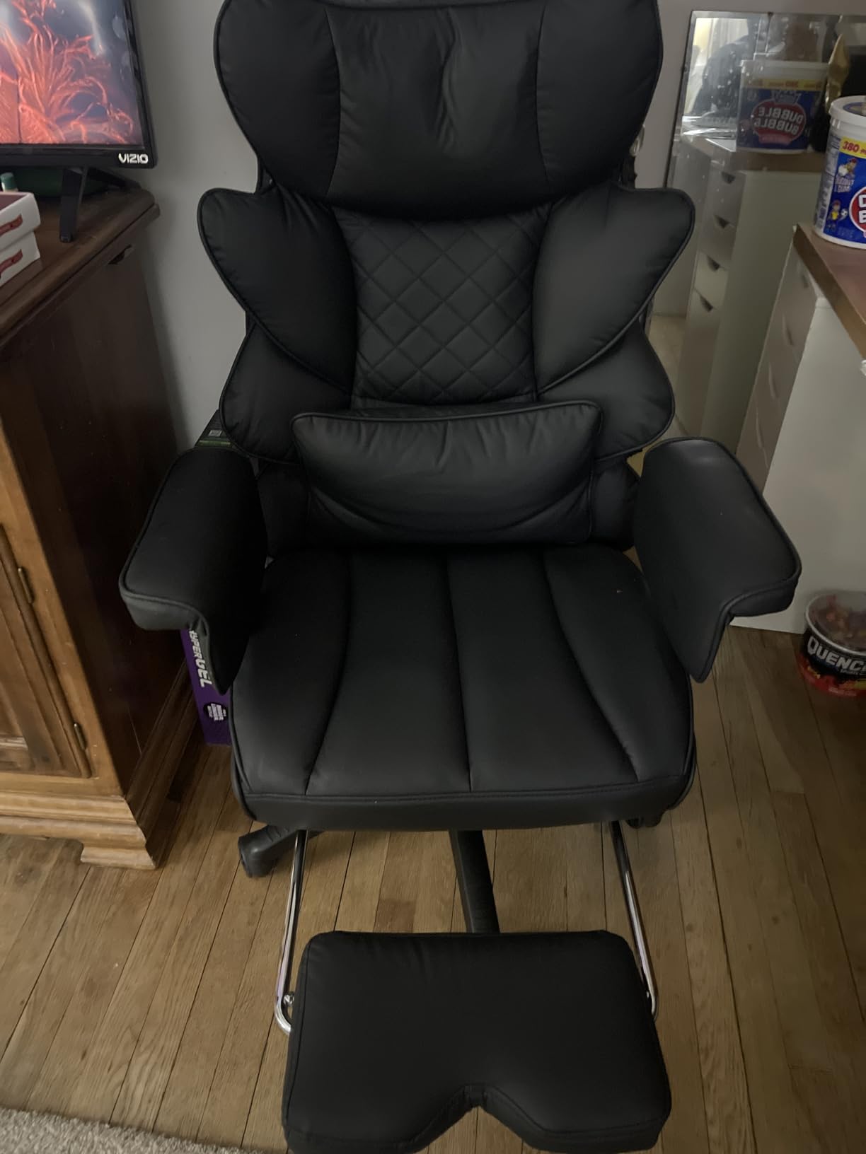 Dowinx Big and Tall Office Chair with Pocket Spring Cushion,High Back Computer Gaming Chairs with Adjustable Armrests and Lumbar Support,Executive Desk Chairs with Footrest(PU Leather,White) customer photo 2