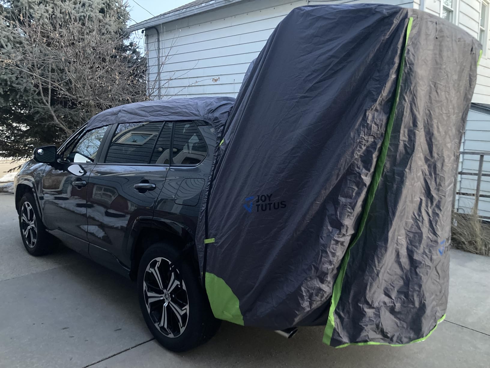 JOYTUTUS SUV Tailgate Tent with Three Sides Awning and Poles, Water Resistant SUV Camping Tent with Car Roof Cover, Tent Attaches to Car Truck, Universal Fit Most SUVs, Cars, Grey Green, Large customer photo 1