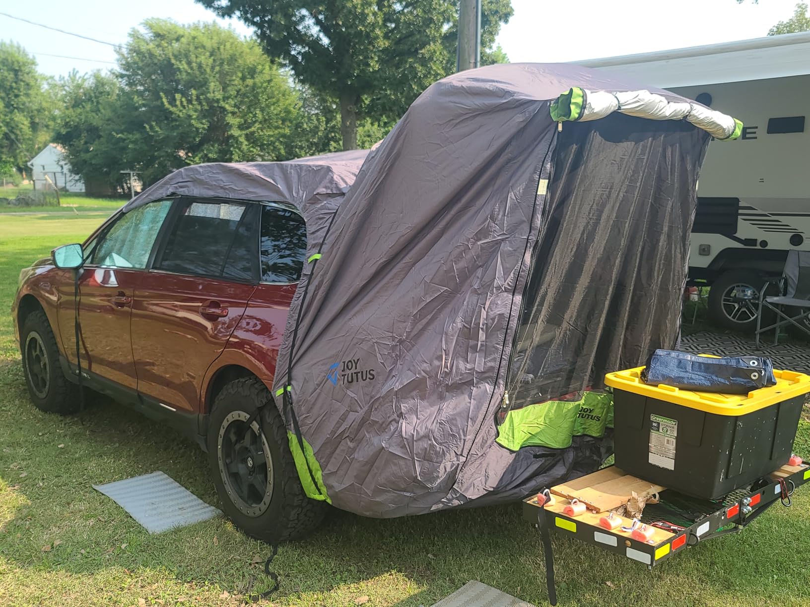 JOYTUTUS SUV Tailgate Tent with Three Sides Awning and Poles, Water Resistant SUV Camping Tent with Car Roof Cover, Tent Attaches to Car Truck, Universal Fit Most SUVs, Cars, Grey Green, Large customer photo 2