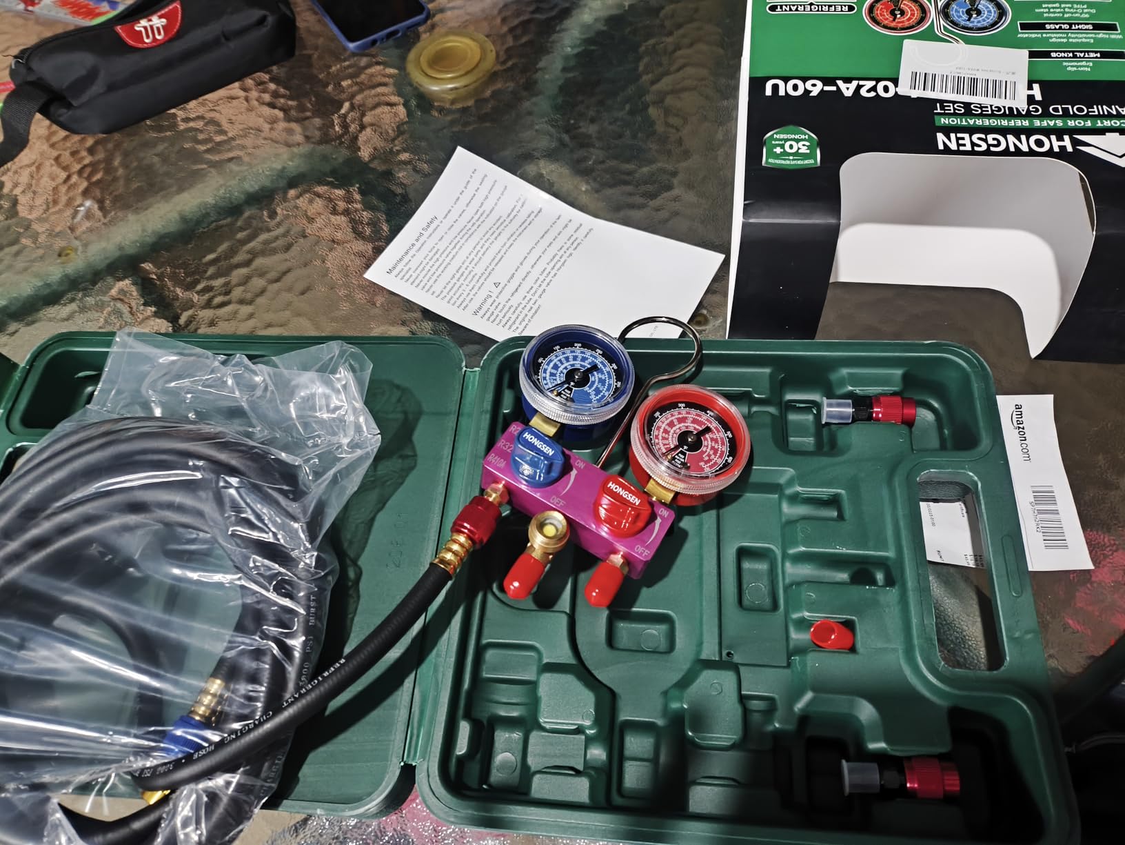 Hongsen HVAC Manifold Gauge Set with Brass Body and Explosion-Proof Lens, AC Gauge Set with 3FT Hoses and R410A Adapters, Compatible with R410A, R32, R134a, and R22 customer photo 1