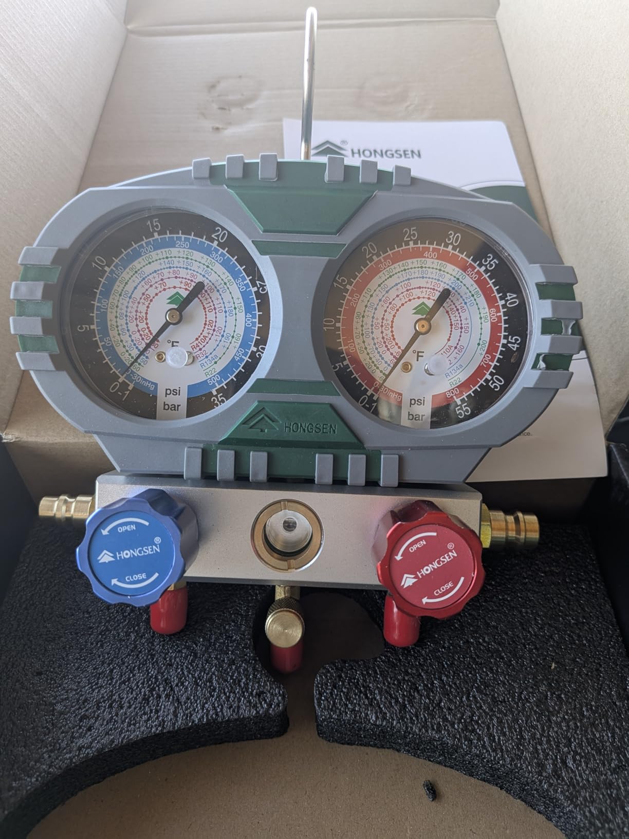 Hongsen HVAC Manifold Gauge Set with Brass Body and Explosion-Proof Lens, AC Gauge Set with 3FT Hoses and R410A Adapters, Compatible with R410A, R32, R134a, and R22 customer photo 2