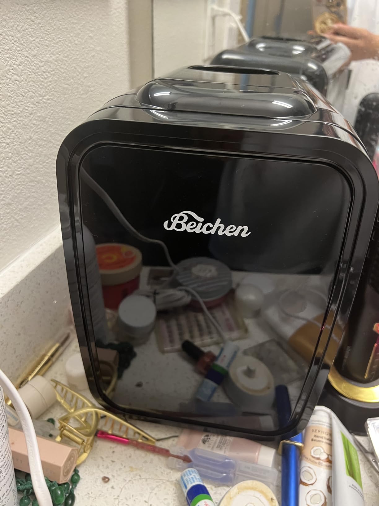 Mini Fridge, 4 Liter/6 Can Portable Refrigerator for Bedroom Office Dorm Car- Fast Cooling, Low Noise, 100-125V AC/5-12V USB Small Compact Refrigerator for Skincare, Food, Drinks(Black) customer photo 2