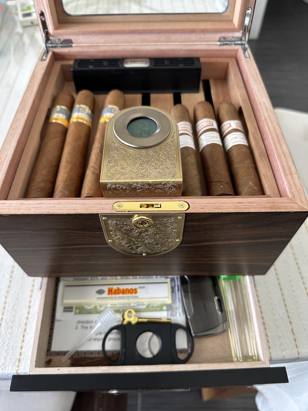 Cigar Humidor, Cedar Wood Humidor Cigar Box, Includes Leather Cigar Case, Cigar Tube, Digital Hygrometer and 2 Humidifiers, Glass Top Desktop Humidor with Accessory Drawer, Gift Set (Dark Brown) customer photo 2