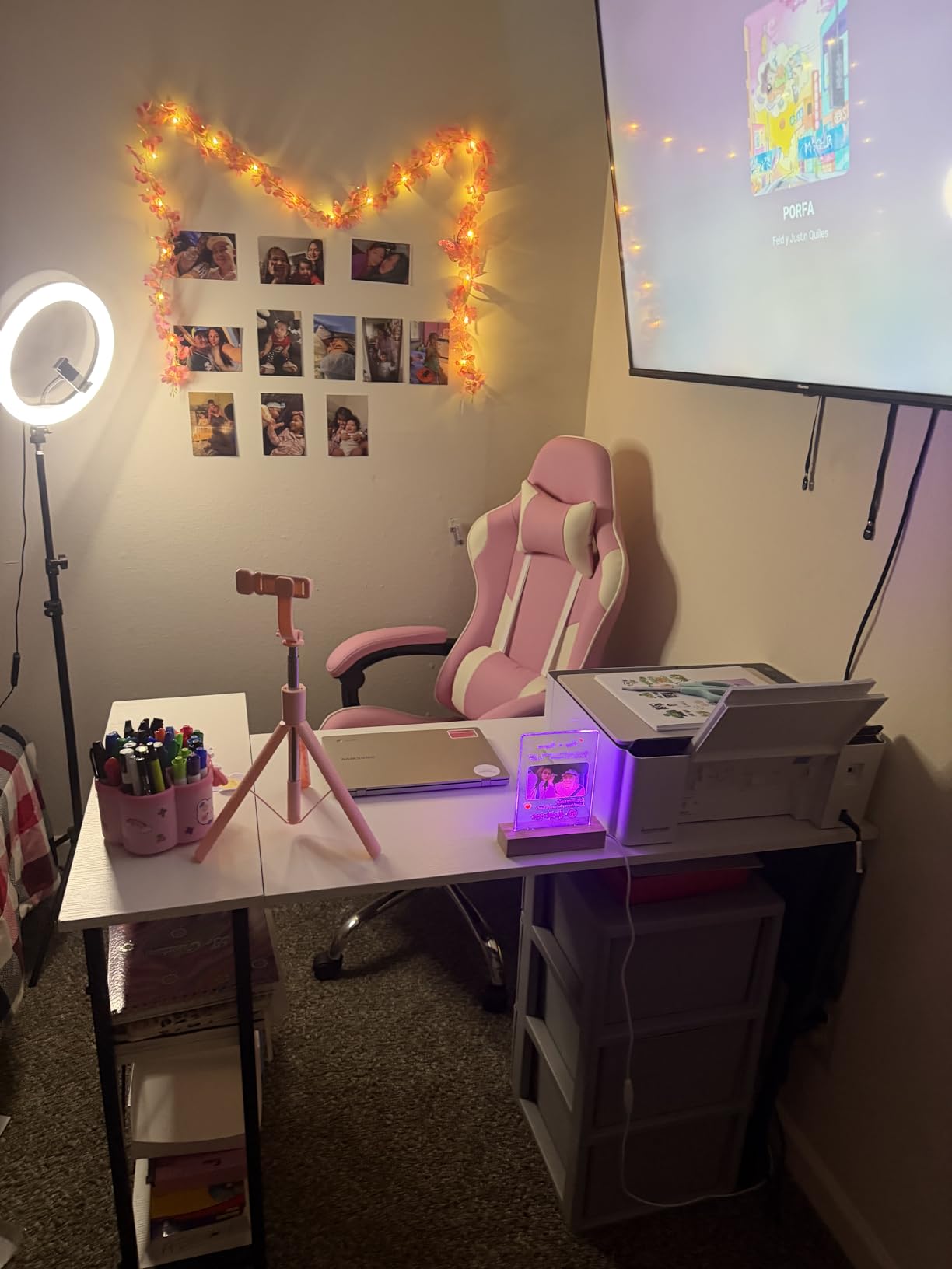 DUMOS Gaming Office Desk Chair with Footrest and Headrest for Adults, PU Leather Ergonomic Video Computer Chair with Linkage Armrests, Height Adjustable 360 Degree Swivel Recling Chair, New Pink customer photo 1
