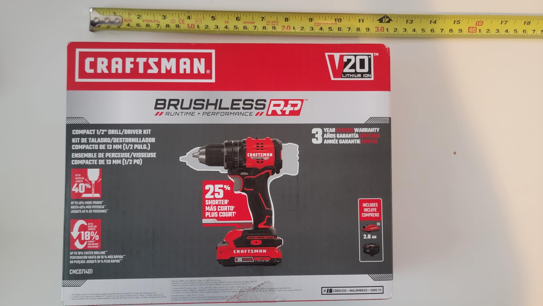 CRAFTSMAN V20 BRUSHLESS RP Compact Drill/Driver, Variable Speeed Trigger, Built In LED, Includes Battery and Charger (CMCD714D1) customer photo 2