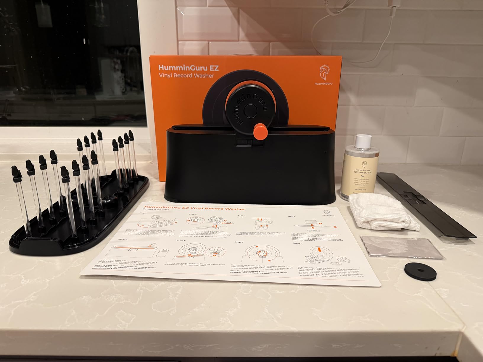 HumminGuru EZ Record Washer, Manual Vinyl Record Cleaner Machine with Easy Spin & Watertight Label Clamp, Record Cleaning Kit with Gentle Goat-Hair Brushes, Alcohol-Free LP Fluid, Drying Rack & Cloth customer photo 1