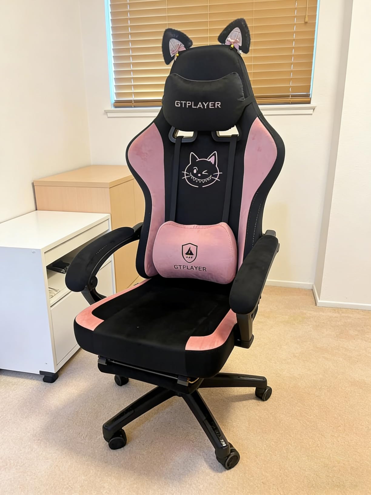 GTPLAYER Pink Gaming Chair Cute with Cat Ears Ergonomic Computer Chair with Cat Embroidery Adjustable Memory Foam Lumbar Support and Headrest Comfortable Reclining Office Chair Soft Velvet Fabric customer photo 2