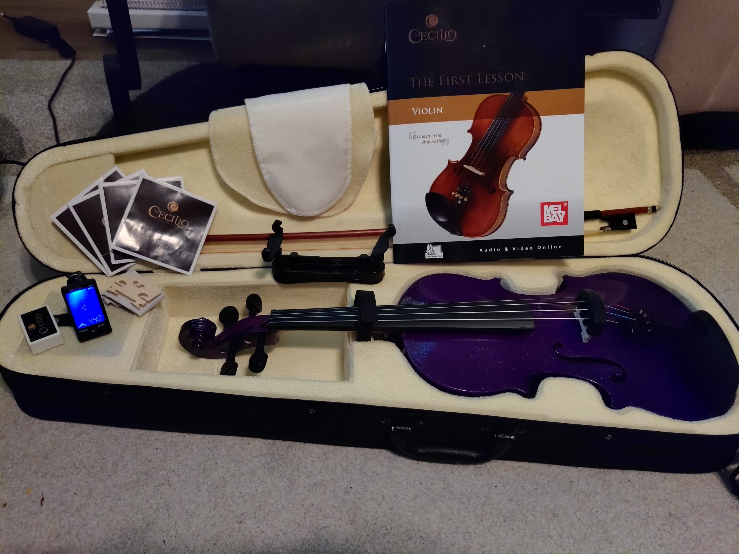 Mendini By Cecilio Violin 4/4 Full Size For Beginners - Fiddle Solidwood Kit with Hard Case - Acoustic Violins with Bow, Rosin, Tuner, Extra Strings & Bridge, Shoulder Rest and Lesson Book (Black) customer photo 1