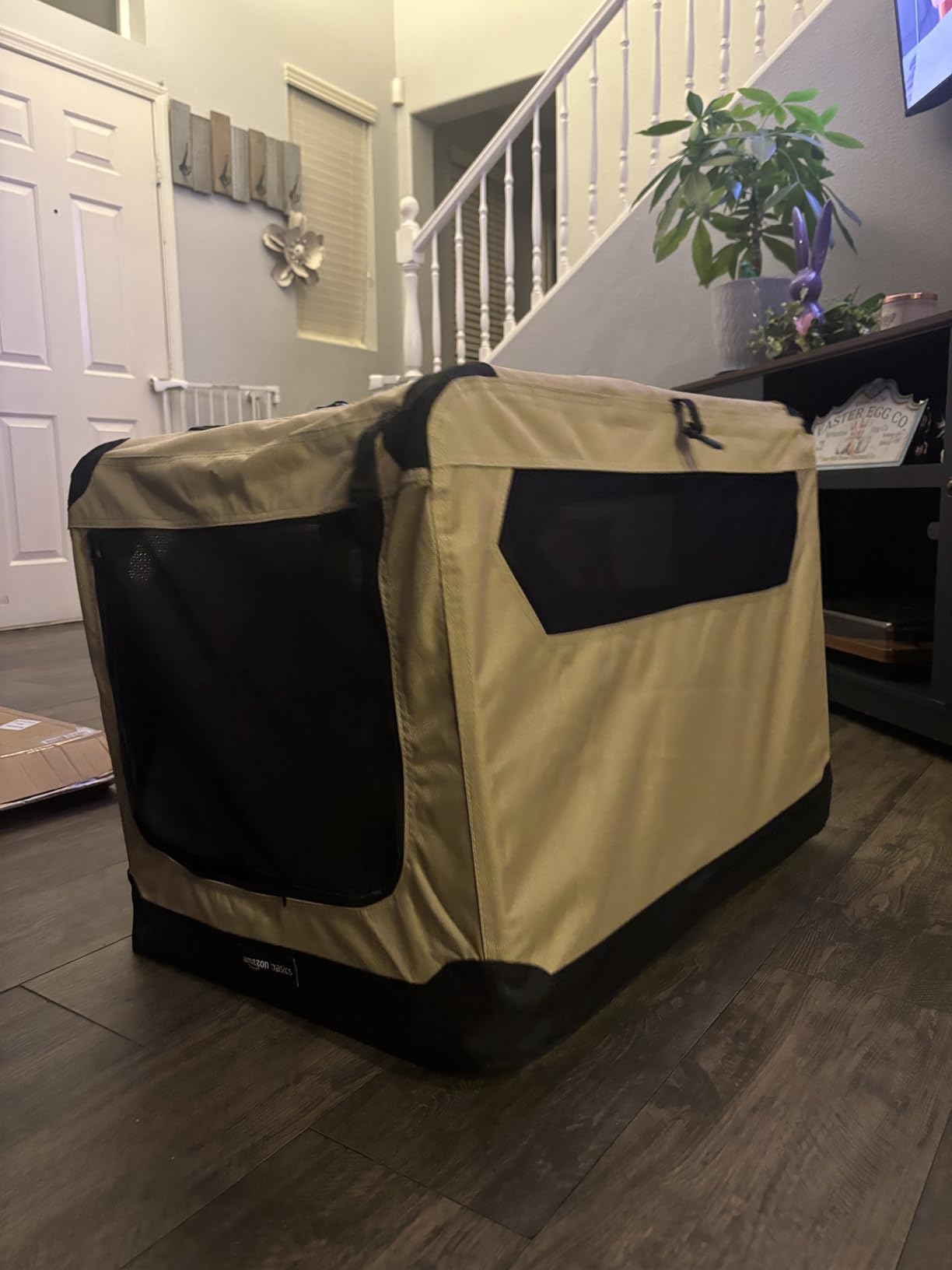 Amazon Basics Portable Folding Soft Dog Crate, Double Door, Collapsible Travel Kennel, Easy to Set Up, Sturdy, Secure, XL 42 x 31 x 31 inches, Tan customer photo 2