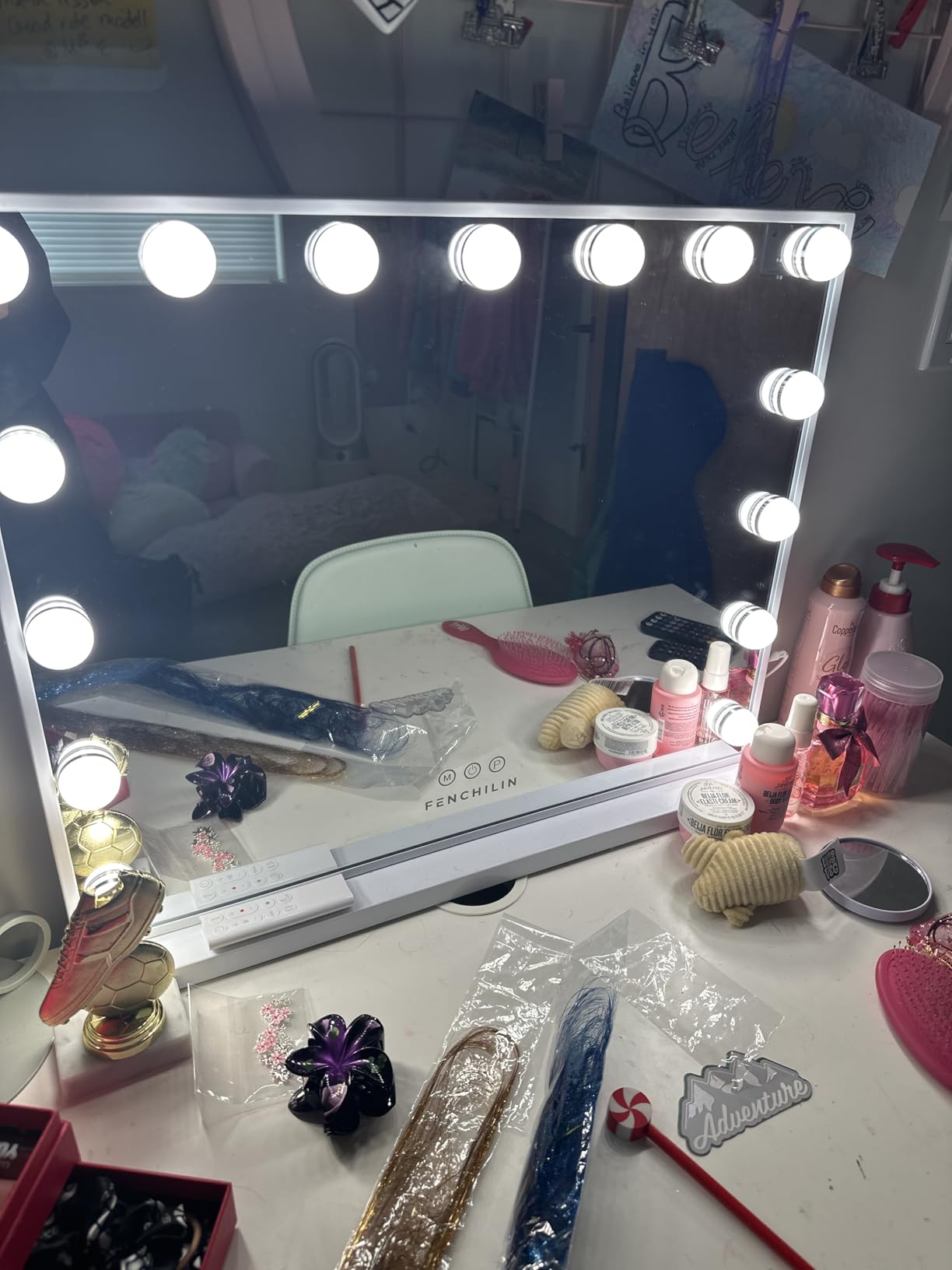 FENCHILIN Vanity Mirror with Lights, Hollywood Lighted Makeup Mirror with 15 Dimmable LED Bulbs for Dressing Room & Bedroom, Slim Metal Frame Design, White customer photo 1