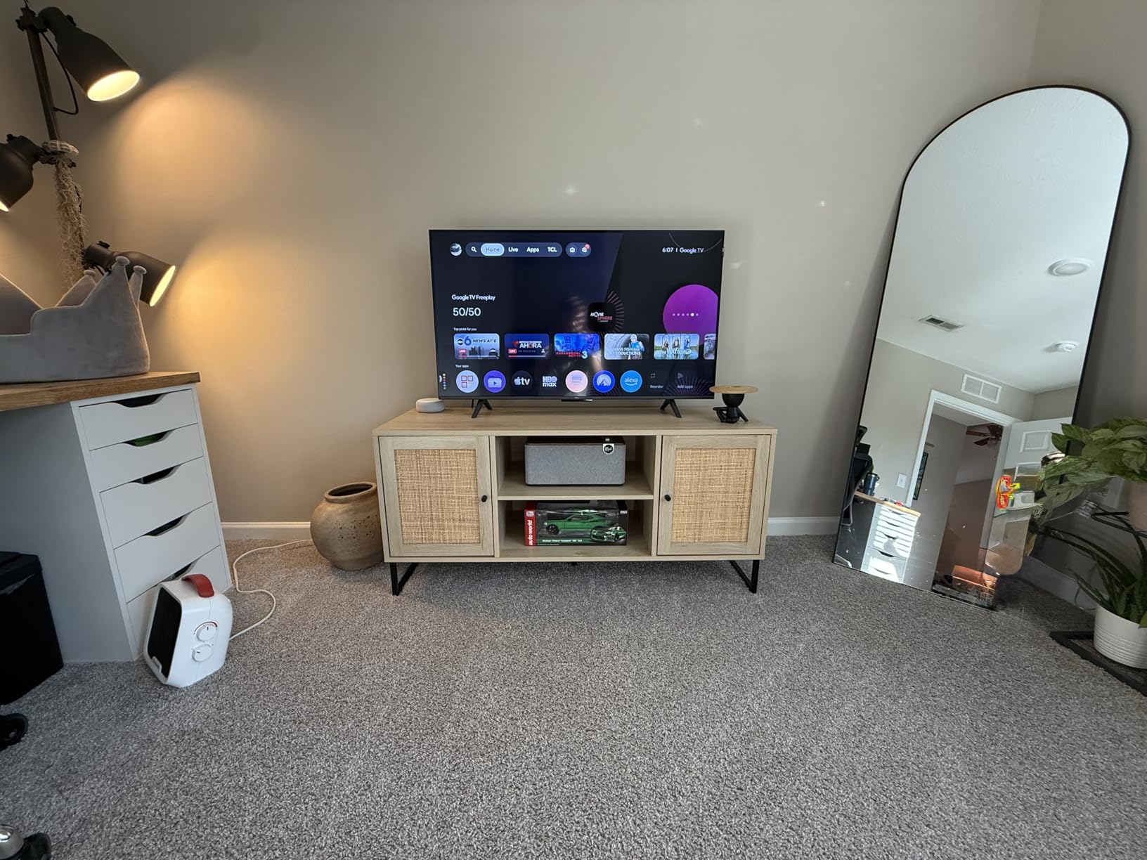 Nathan James Dylan Media Console Cabinet or TV Stand with Doors for Hidden Storage in a Natural Reclaimed Oak Herringbone Wood Pattern and Metal, Oak/Matte Black customer photo 2