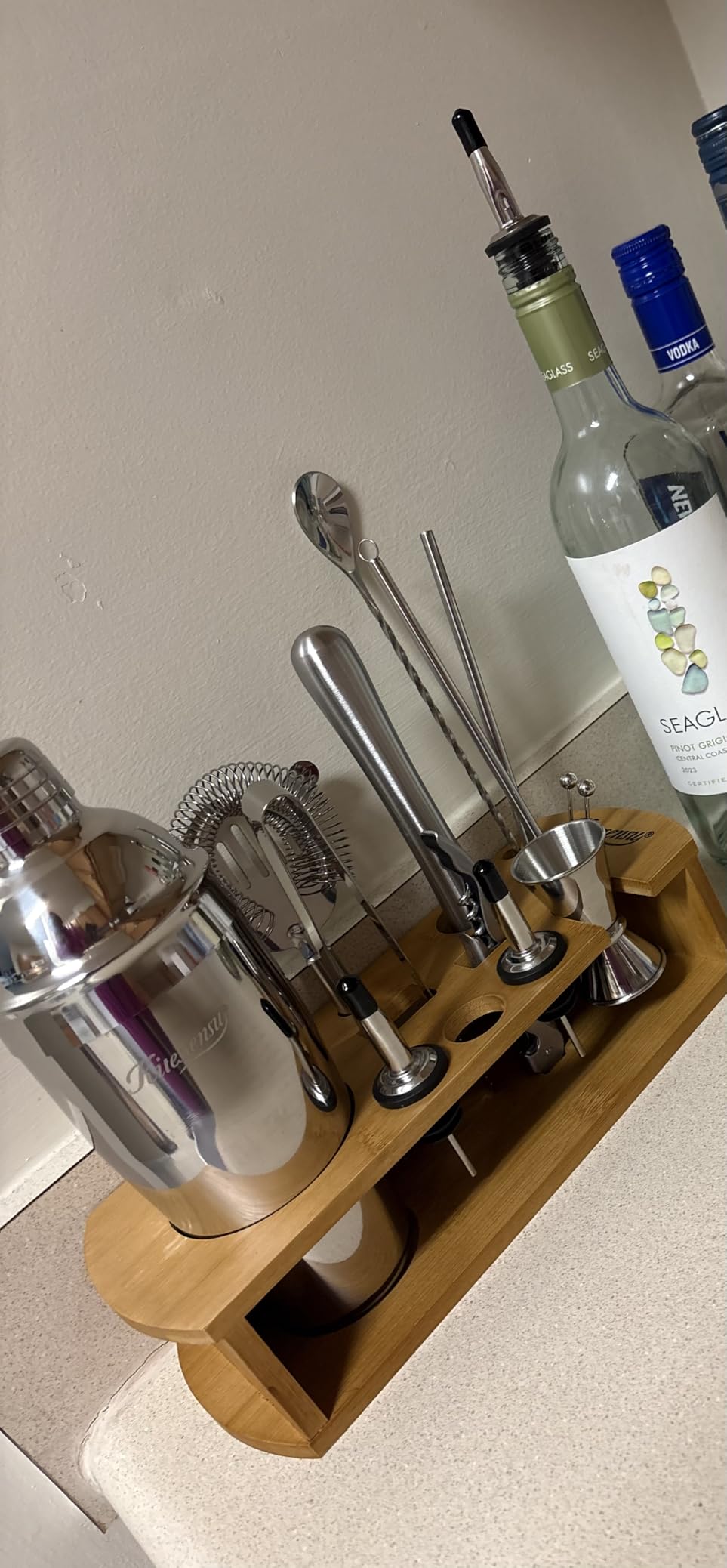 KITESSENSU Cocktail Shaker Set Bartender Kit with Stand | Bar Set Drink Mixer Set with All Essential Accessory Tools: Martini Shaker, Jigger, Strainer, Mixer Spoon, Muddler, Liquor Pourers |Silver customer photo 2