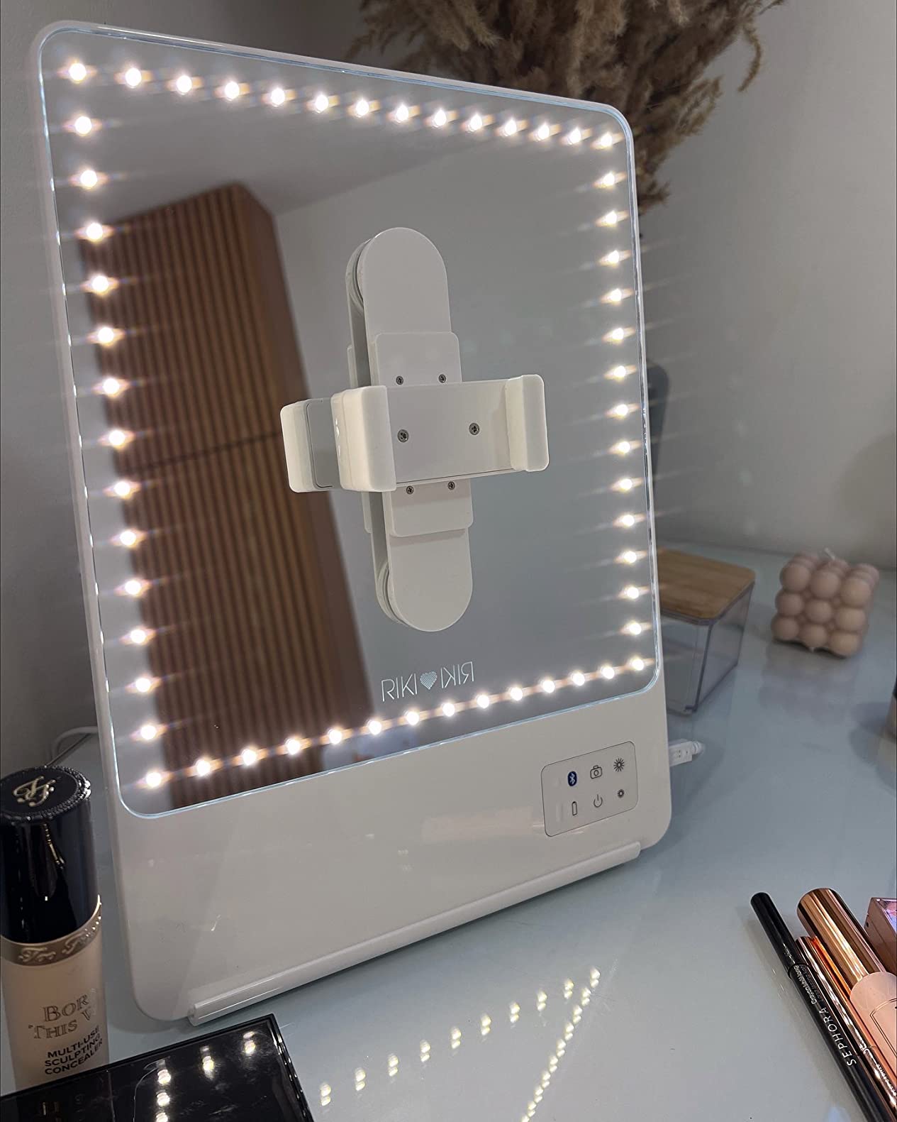 RIKI LOVES RIKI LED Vanity Mirror with Lights & Bluetooth - Portable Lighted Makeup Mirror with Magnification, Adjustable Stand, & Phone Clip | 5 Dimming Stages & HD Daylight Lighting Cosmetic Mirror customer photo 2