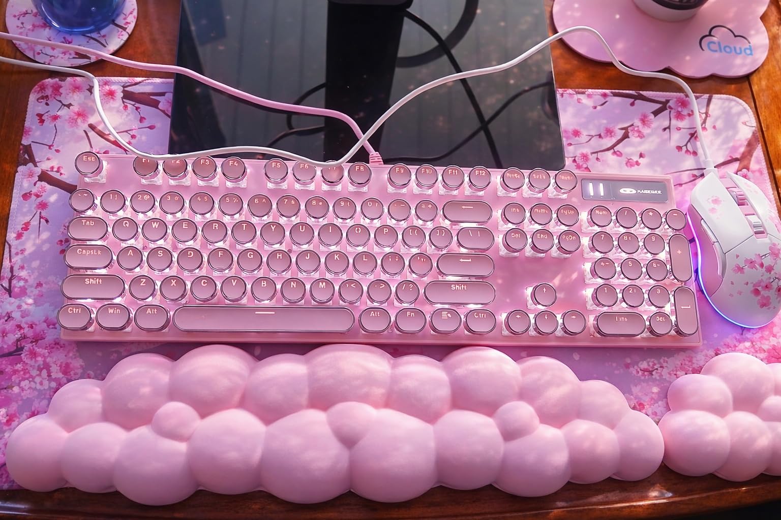MageGee Typewriter Mechanical Gaming Keyboard, Retro Punk Pink Round Keycaps, 104 Keys LED White Backlit Wired Keyboards for Laptop MAC PC Gamer, with Magnetic Wrist Rest, Blue Switch customer photo 1