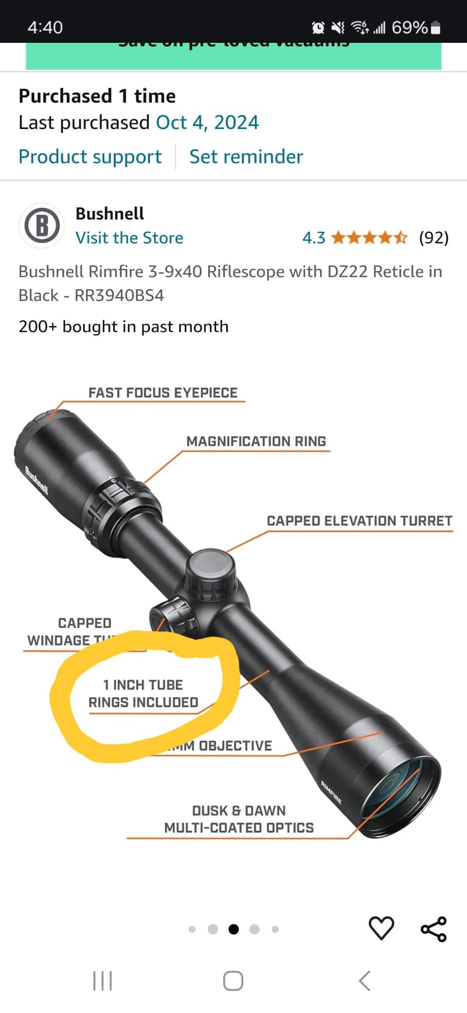 Bushnell Rimfire 3-9x40 Riflescope with DZ22 Reticle in Black - RR3940BS4 customer photo 2