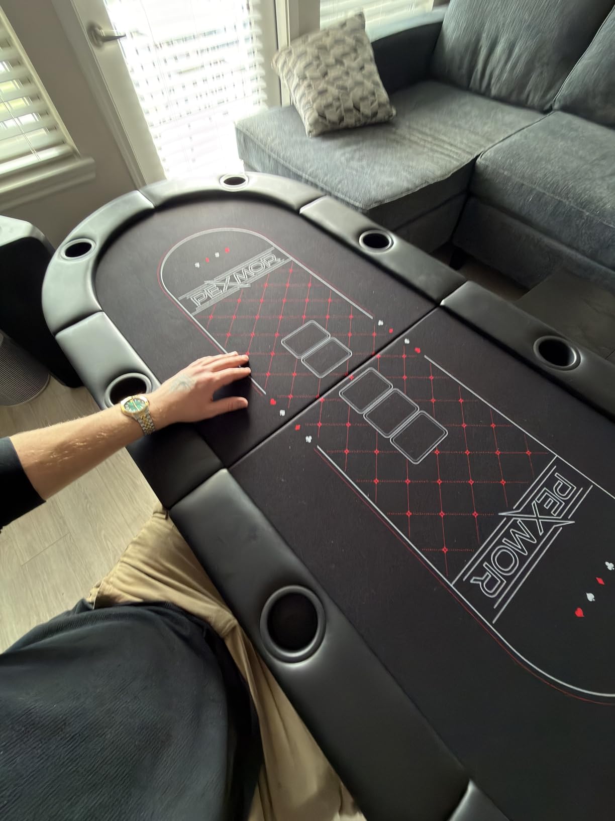 PEXMOR 8 Player Foldable Poker Table, Folding TexasHoldem Blackjack Casino Game Table w/Deeper Stainless Steel Cup Holders, Casino-Grade Felt, Water-Resistant Cushioned Rail, Fully Assembled customer photo 1