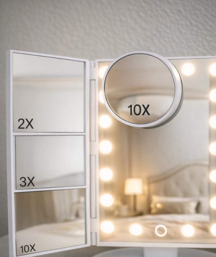 HUONUL Makeup Mirror, Vanity Mirror with Lights, 2X/3X/10X Magnification, Touch Control, Trifold, Dual Power Supply, Mothers Day, Birthday Gifts for Mom,Gifts for Women,Girls, Dorm Room Essentials customer photo 1