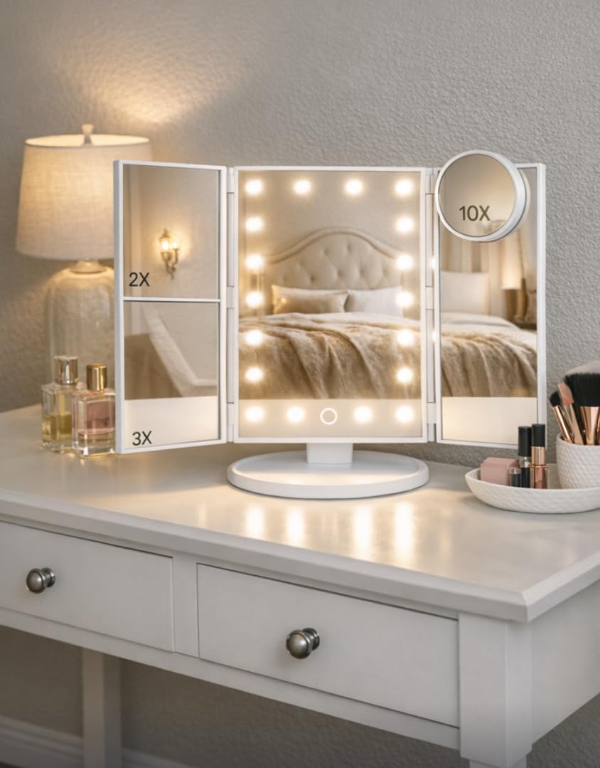 HUONUL Makeup Mirror, Vanity Mirror with Lights, 2X/3X/10X Magnification, Touch Control, Trifold, Dual Power Supply, Mothers Day, Birthday Gifts for Mom,Gifts for Women,Girls, Dorm Room Essentials customer photo 2