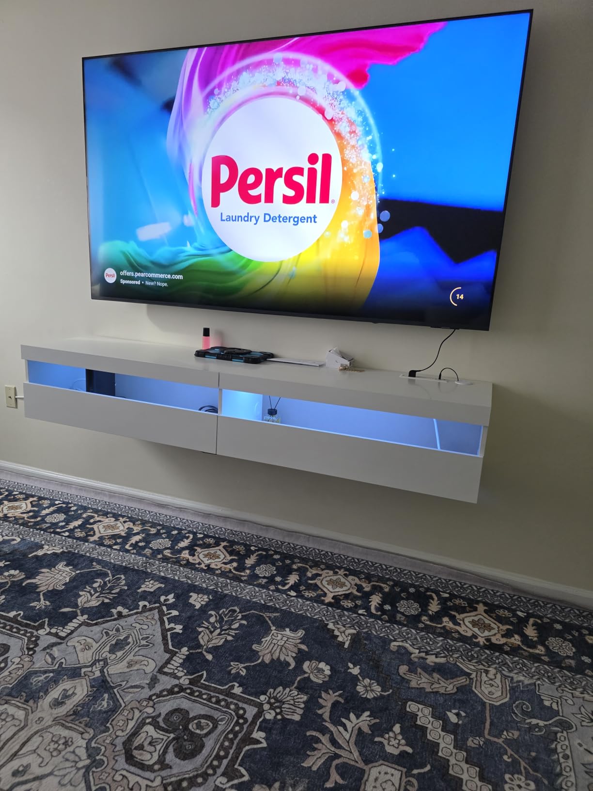 Solid Wood Floating TV Stand, Wall Mounted TV Shelf with Led Lights & Power Outlet, 71