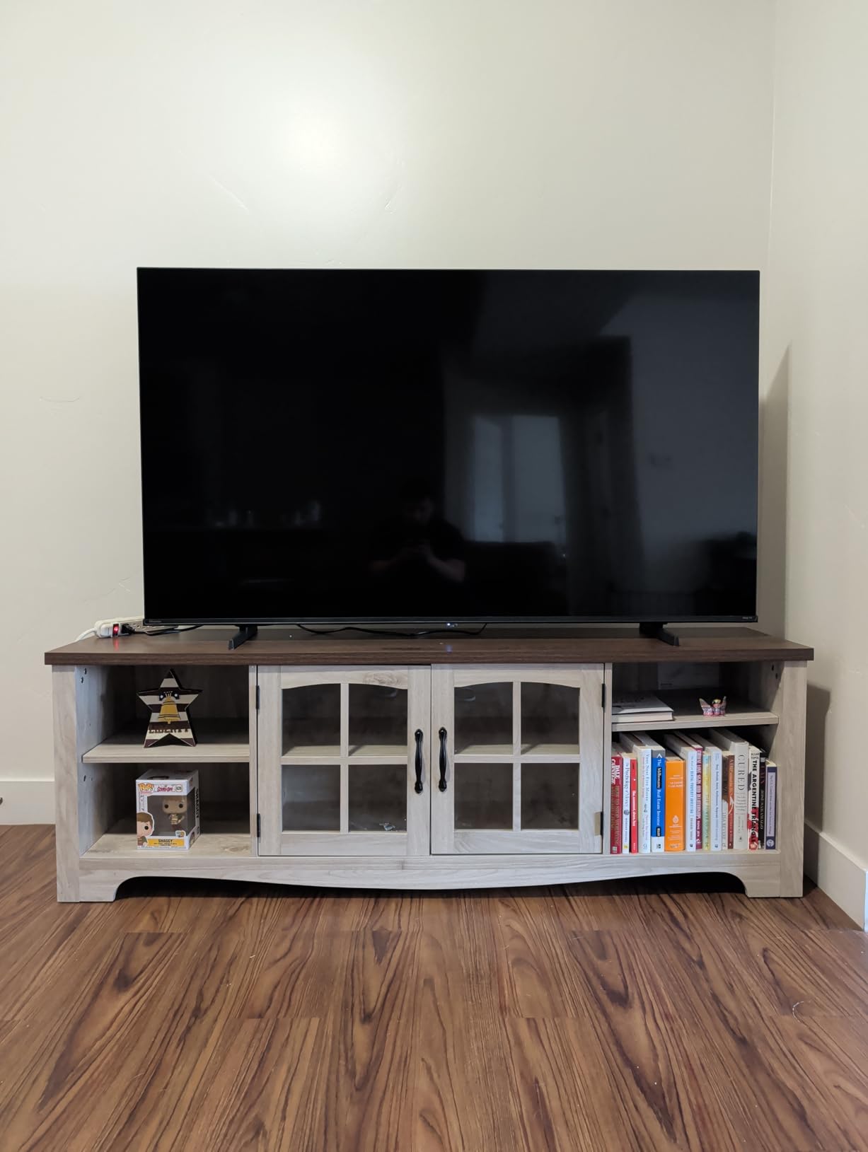 LINSY HOME Farmhouse TV Stand for 65 Inch TV, Wood Entertainment Center with Glass Door Storage Cabinet & Adjustable Shelves, Large Sturdy TV Console Table for Living Room Bedroom customer photo 1