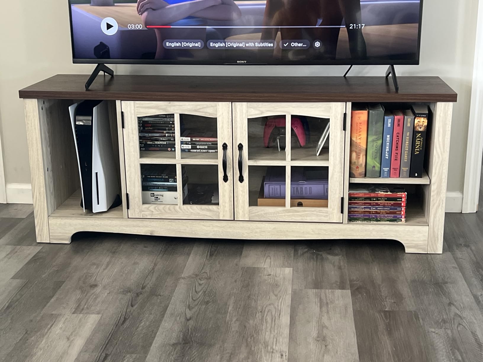 LINSY HOME Farmhouse TV Stand for 65 Inch TV, Wood Entertainment Center with Glass Door Storage Cabinet & Adjustable Shelves, Large Sturdy TV Console Table for Living Room Bedroom customer photo 2